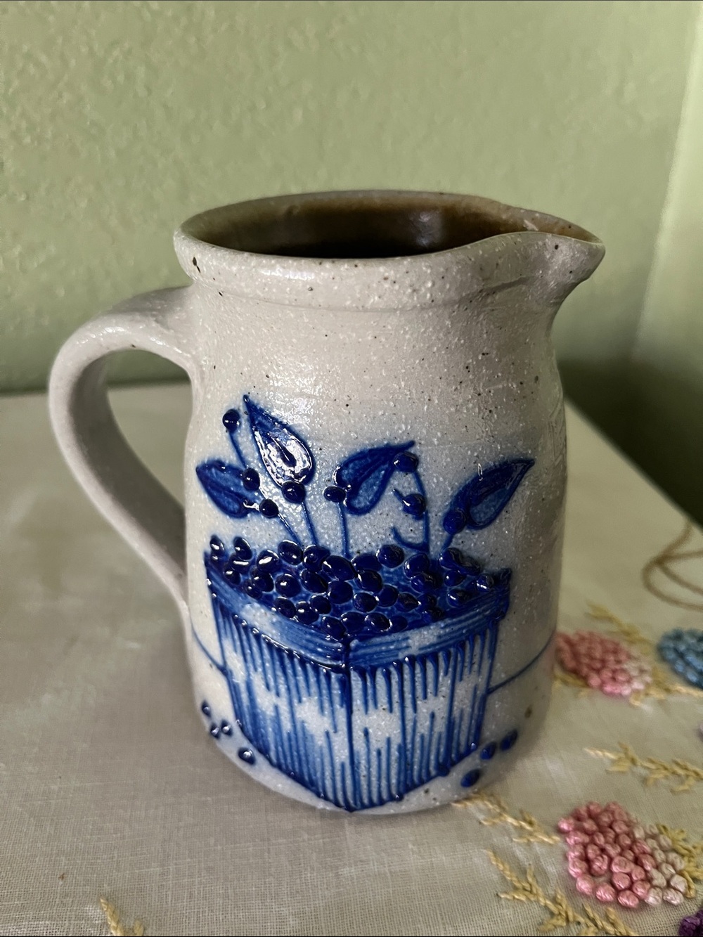 Vintage Salmon Falls Stoneware Blueberry Basket Creamer Pitcher Cobalt Blue